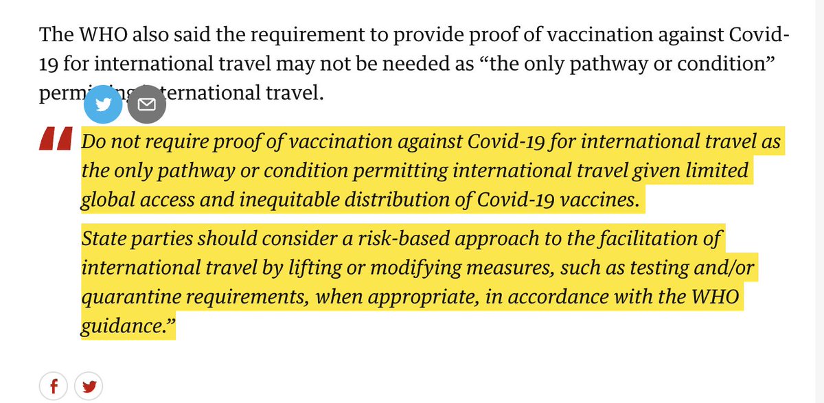 MartinDaubney's tweet photo. The @WHO has just publicly stated that COVID passports &amp; quarantine are not needed "as a pathway or condition for international travel"

This is GREAT news. So why aren't the MSM cheering about it? Because they willed these clampdowns all along: they backed the wrong horse https://t.co/qzrDlVpBkx