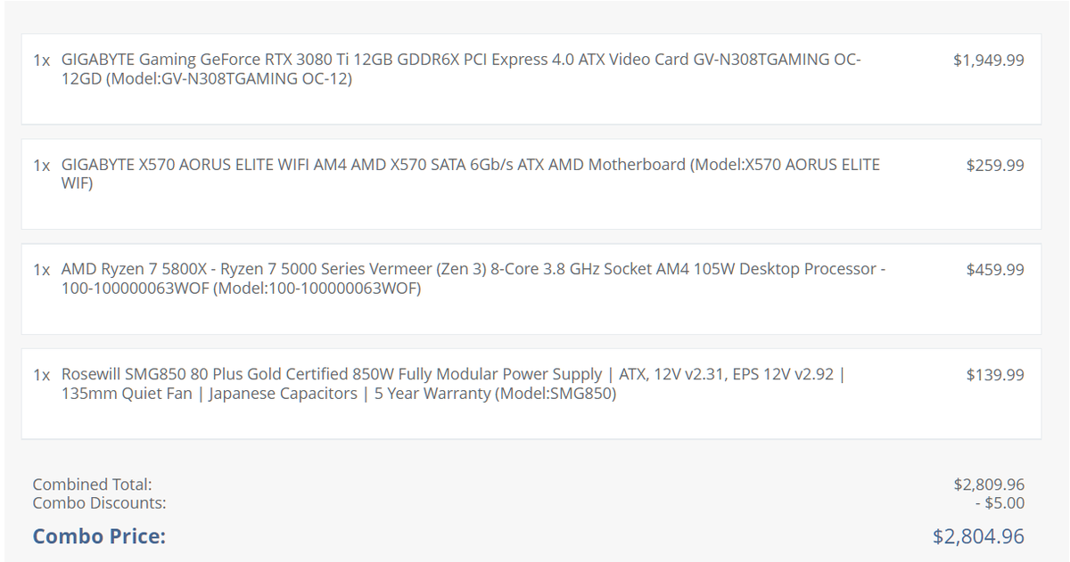 Really Newegg? Put a GPU in a four piece combo. If returned, all four parts have to be returned. For a $5 dollar discount. On $2,800 CAD.