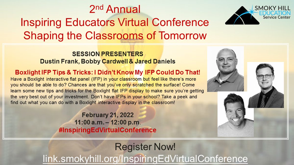 JayeDitter's tweet photo. The KCAV guys are back at it! During this session, you'll learn Boxlight IFP tips and tricks galore! Register at: https://t.co/BraYOQtU17
Sessions will be both live and on-demand!
Early bird pricing ends soon! #inspiringedvirtualconference @SmokyHillEd @KCAVsolutions https://t.co/YA9yP5VdfF