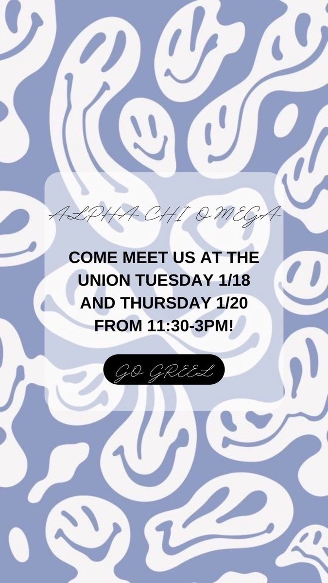 Alpha Chi Omega is doing informal recruitment and would LOVE to meet you! 

Stop by our table today and say hi from 11:30-3:00 p.m.☺️💗✨