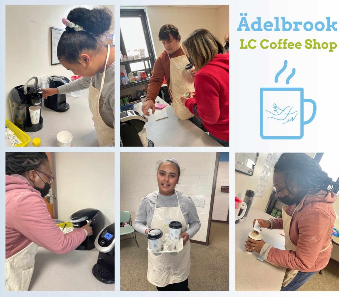 Students on our Cromwell Campus are learning valuable job skills through the newly opened Ädelbrook LC Coffee Shop! The shop allows our individuals to gain independence and promotes their success in a campus-based vocational setting. 
#JobSkills #PromotingSuccess #Adelbrook