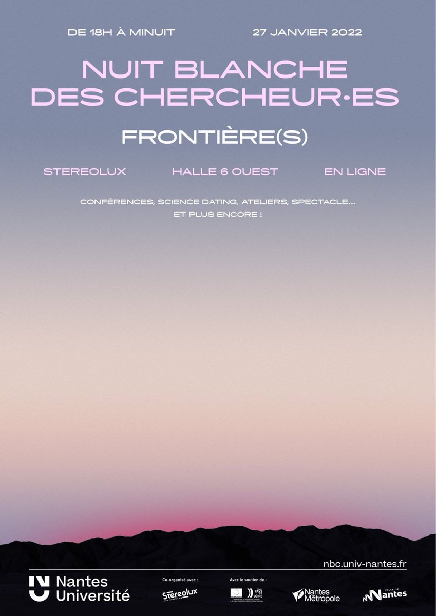 franckytrichet's tweet photo. La Nuit Blanche des Chercheur·es. de Nantes Université sera sous le signe des « Frontière(s) ». RDV le 27 janvier 2022 avec une programmation riche et diversifiée en format. https://t.co/yjCMdMAwZC https://t.co/rScVoHPkaZ