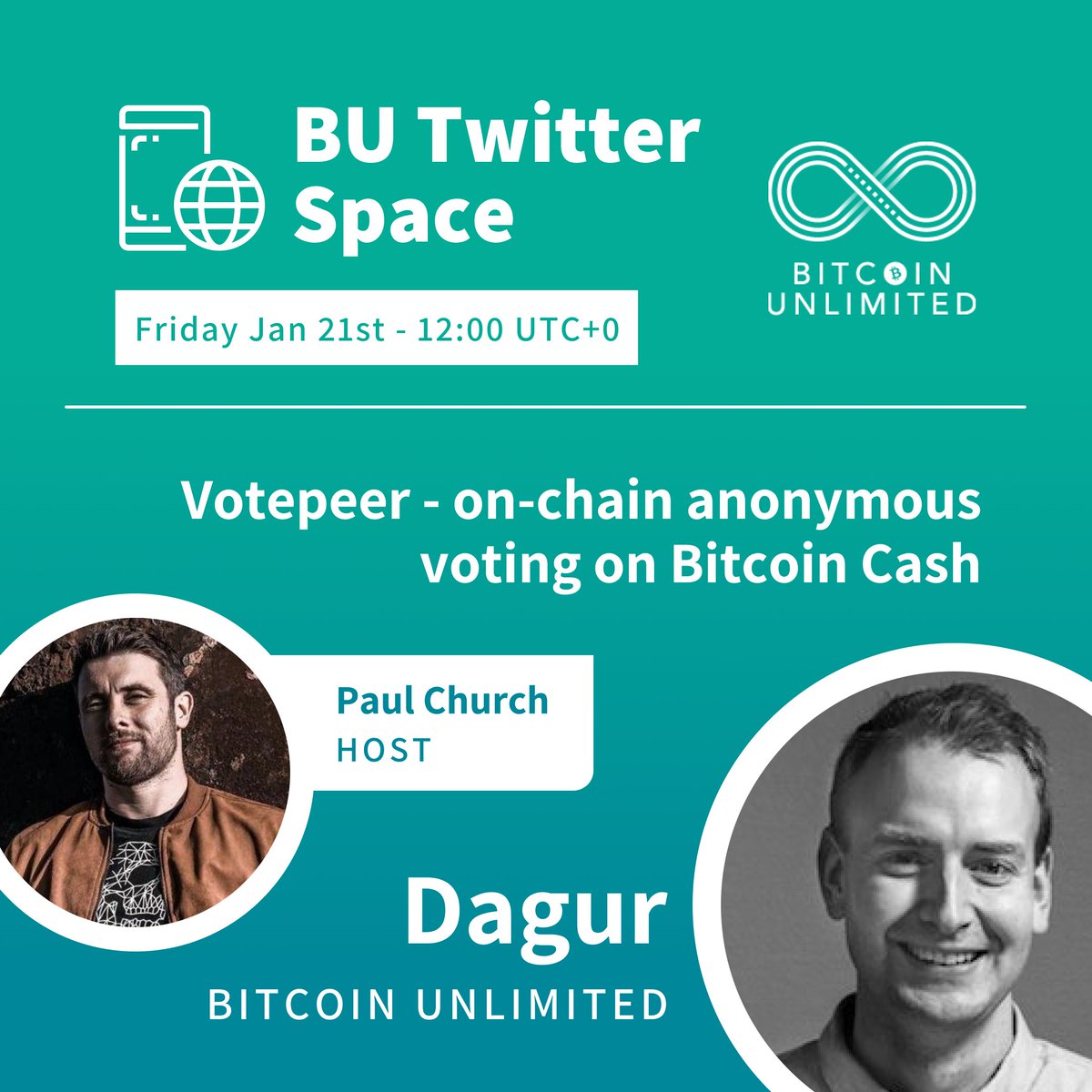 Bitcoin Unlimited (@bitcoinunlimit) on Twitter photo Make sure to tune in on Twitter tomorrow at 12:00 UTC+0 for a talk between <a href="/dagur/">Dagur Valberg 🧪✨</a> from BU and <a href="/SingularityP/">Paul Church</a> from <a href="/CoinRiot/">Coinriot⚡️</a> on the topic of ‘On-chain anonymous voting on Bitcoin Cash’ 💰
Don’t miss it!🔥
#Cryptocurrency #BCH #BitcoinCash Make sure to tune in on Twitter tomorrow at 12:00 UTC+0 for a talk between <a href="/dagur/">Dagur Valberg 🧪✨</a> from BU and <a href="/SingularityP/">Paul Church</a> from <a href="/CoinRiot/">Coinriot⚡️</a> on the topic of ‘On-chain anonymous voting on Bitcoin Cash’ 💰
Don’t miss it!🔥
#Cryptocurrency #BCH #BitcoinCash