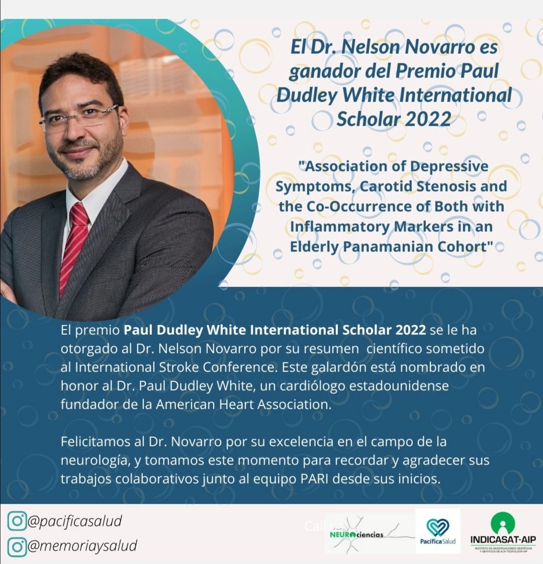 memoriaysalud's tweet image. Felicitamos al Dr. Nelson Novarro, colaborador de PARI y ganador de un premio internacional por su trabajo de investigación, lo cual presentará en el International Stroke Conference en febrero 2022. Grande! @PacificaSalud @indicasat