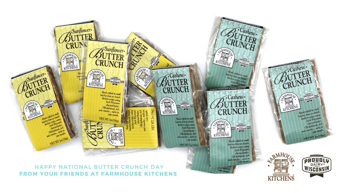 FrmhousKitchens's tweet photo. Our butter crunch is hand crafted in small batches from an Amish kitchen recipe, using our fresh Wisconsin churned butter. Old fashioned, rich and crunchy... melts in your mouth. 

#NationalButterCrunchDay #ButterCrunchDay #WisconsinButter #Sunflower #Cashew #SoGood https://t.co/2vZ4rfnBvr