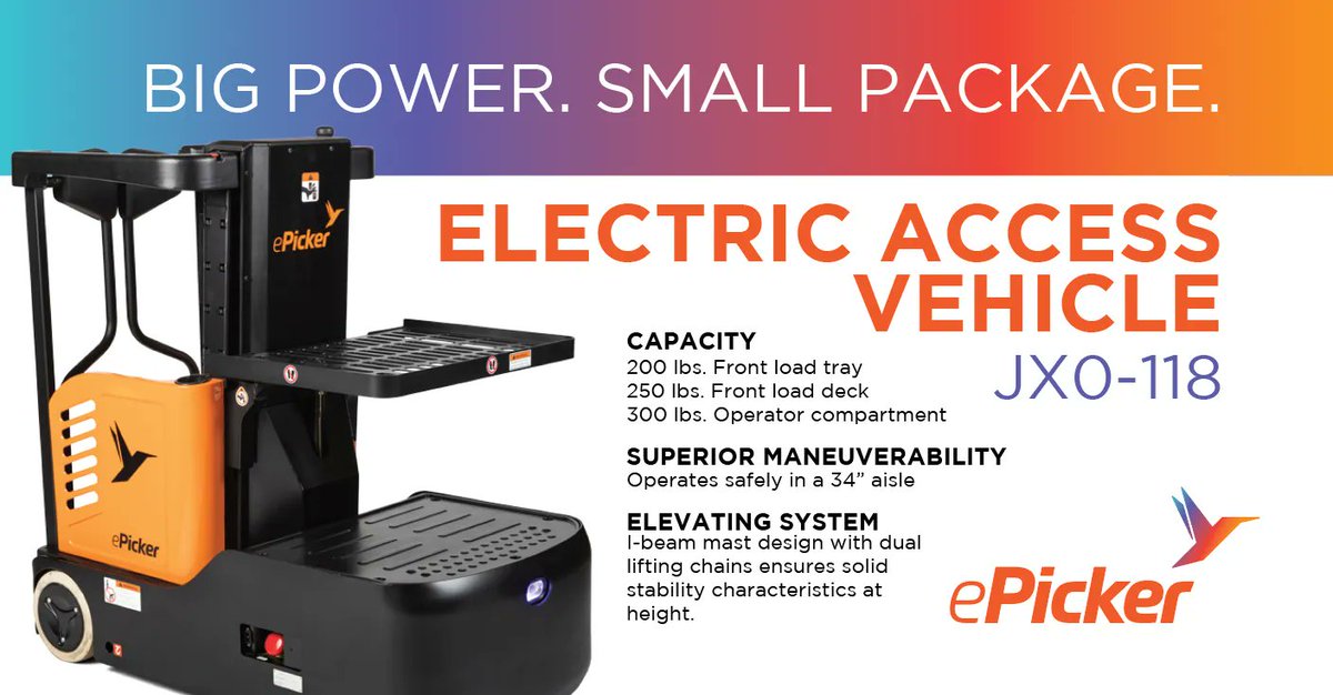 ePickerLifts's tweet image. ePicker’s Electric Access Vehicle provides the ultimate access when it comes to picking, moving, and transporting goods through challenging and compact operation environments.

Contact ePicker today by visiting buff.ly/3mZKF3R now! #ePicker #warehouse