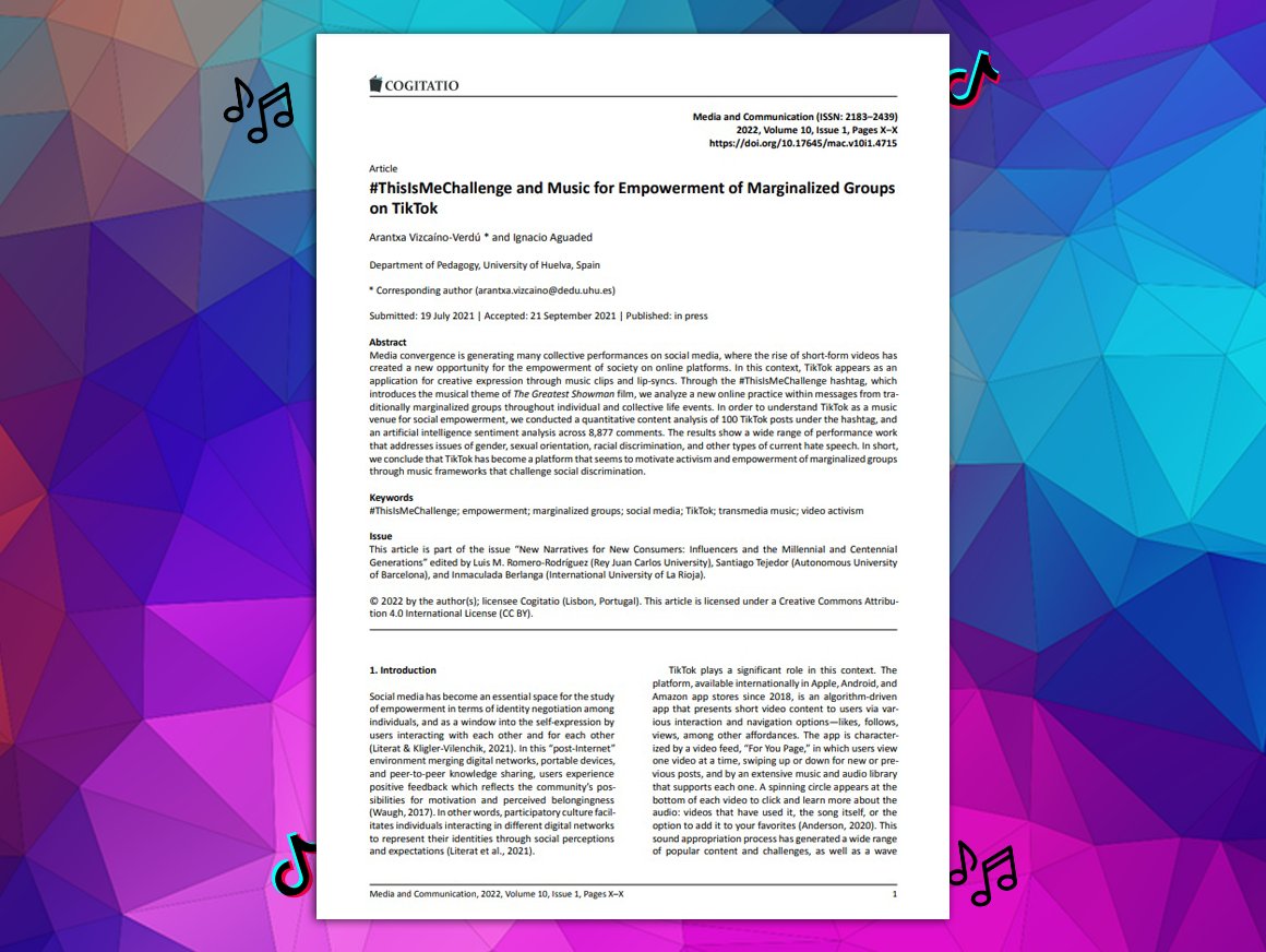 aVizcainoVerdu's tweet photo. I'm pleased to share a new and much-loved article from my dissertation, on which I collaborated with my supervisor @aguaded! ☺️ "#ThisIsMeChallenge and music for empowerment of marginalized groups on TikTok" is out in @CogitatioMaC in OA! ✨💪🎼

▶️ https://t.co/MVbJrNUkhI https://t.co/jR6CDjnkg9