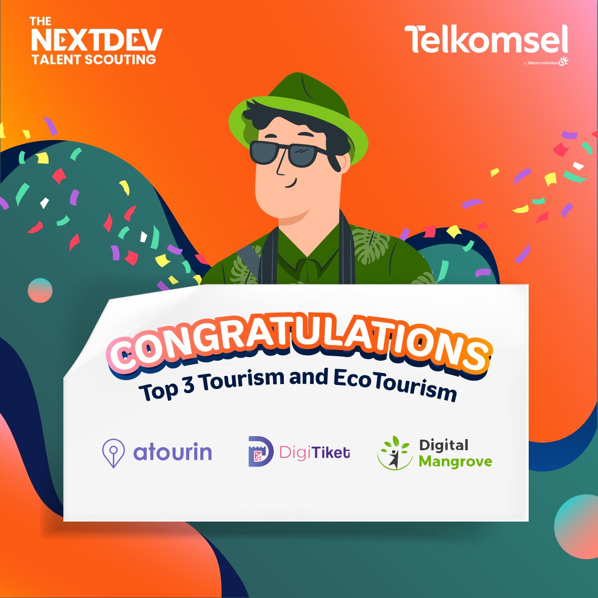 NextDev_id's tweet photo. Selamat untuk Top 3 #TheNextDevTalentScouting Track: Tourism and EcoTourism, kalian mendapatkan golden ticket menuju Top 12 National Pitching! 🎉🎉🎉
@atourin
@digitiket
@/digitalmangrove.id
- https://t.co/TfouL7QR39