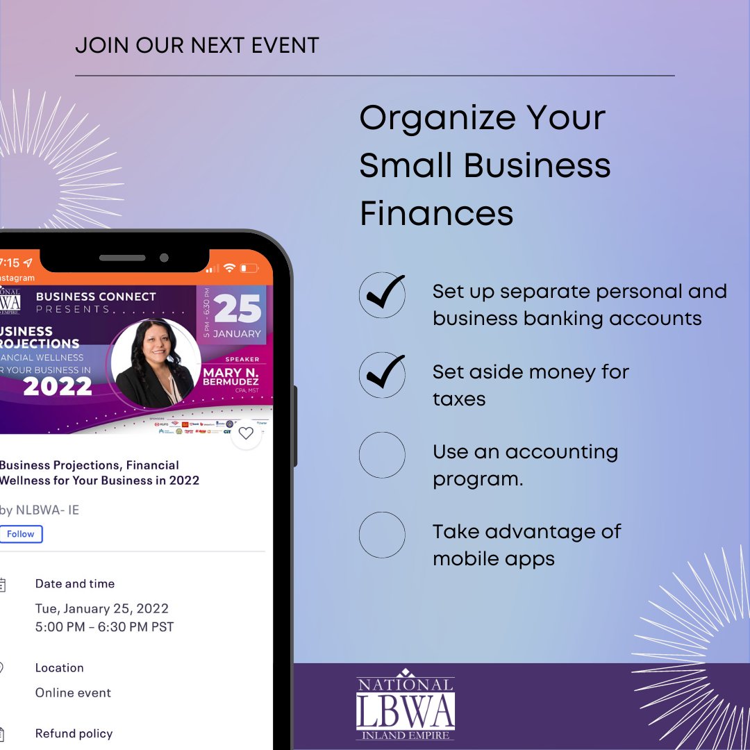 Like personal finance, there are plenty of ways to organize your small business finances depending on what your goals are. Join us next Tuesday, Jan 25th, start 2022 financially strong and confident! Register today, only a few spots available: bit.ly/businessprojec…