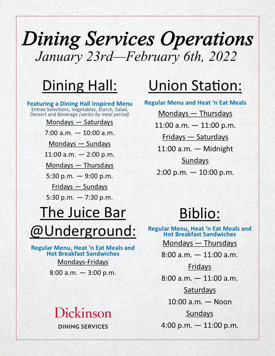Attention Students:
From January 19th through February 6th, 2022-Dining Services will be available for carry-out only. Seating will not be available. Please remember that the meal plan begins on January 23rd at brunch.