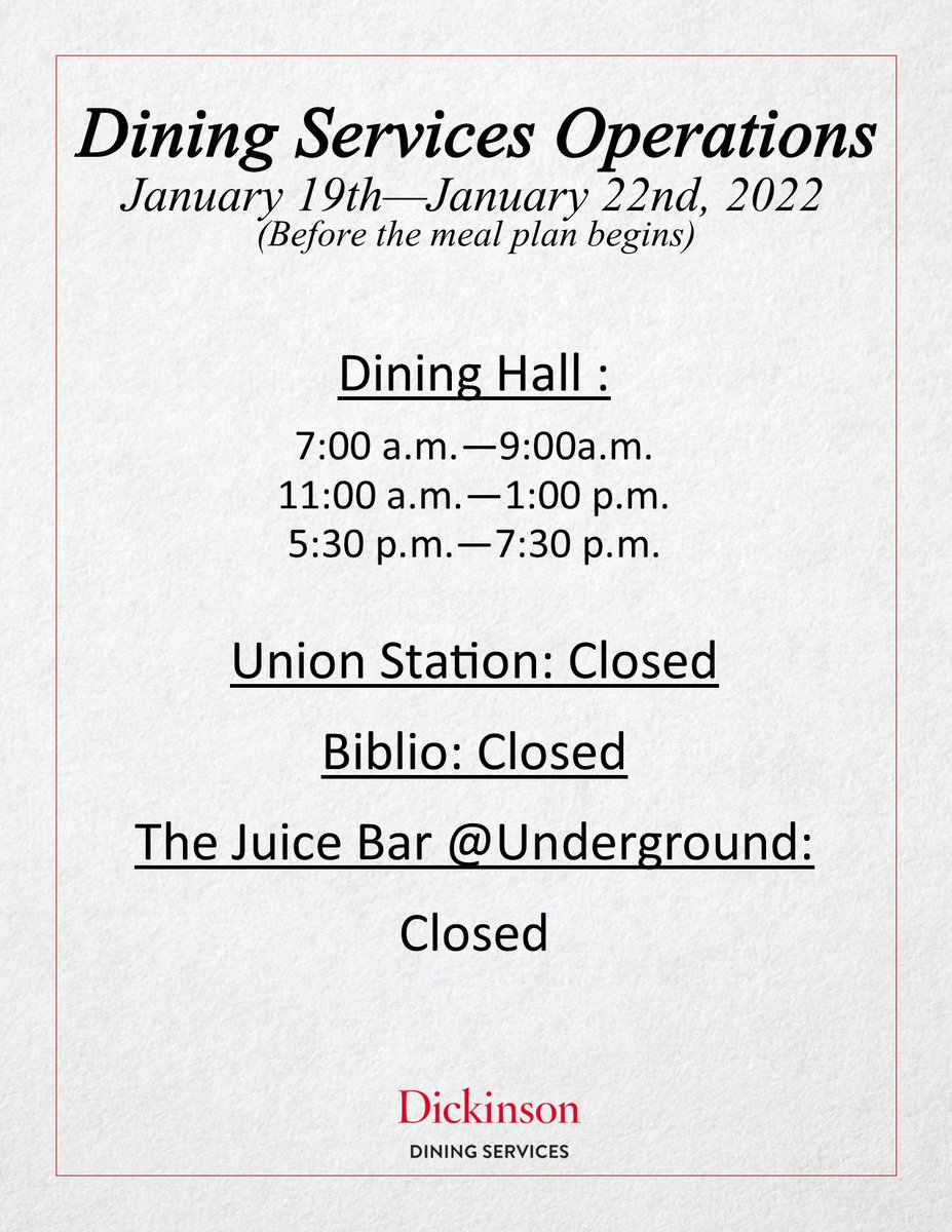 DsonDining's tweet photo. Attention Students:
From January 19th through February 6th, 2022-Dining Services will be available for carry-out only. Seating will not be available. Please remember that the meal plan begins on January 23rd at brunch. https://t.co/zFLiRnw7lp