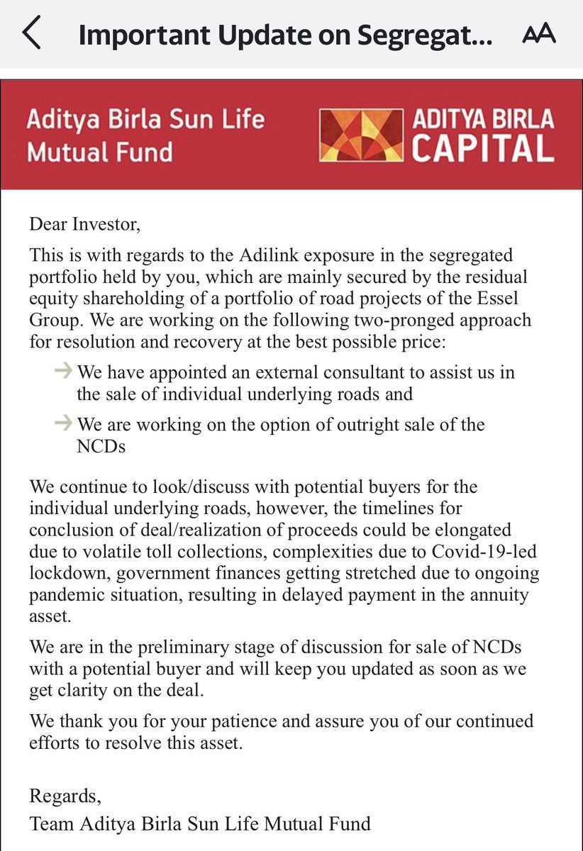 njbaliga's tweet photo. Hope @abslmf will recover the ‘Market value’ shown by them all these years in segregated portfolio. 
@invest_mutual https://t.co/J1g8xPl5LZ
