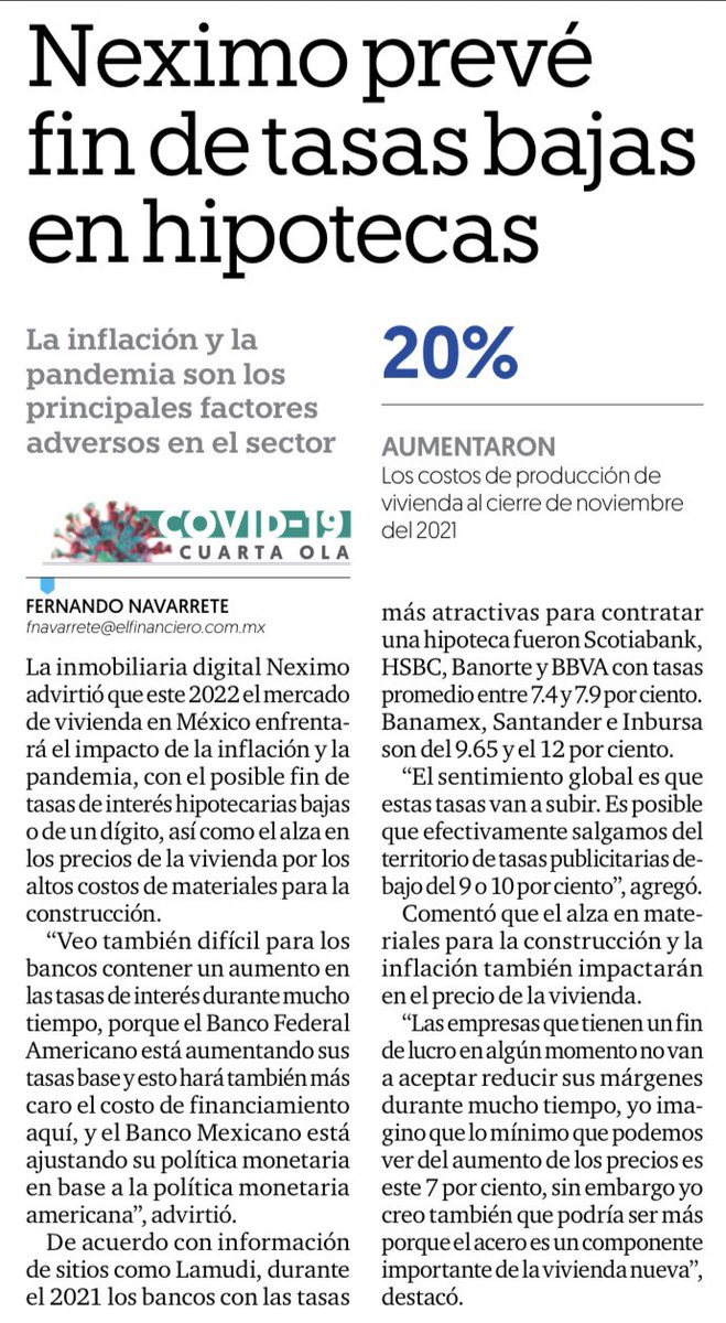 eomerthedragon's tweet photo. Una encuesta realizada por Neximo @xfactorbyneximo reveló que el 55% de las inmobiliarias ve en la inflación el mayor riesgo este año, por un posible aumento en precios de vivienda y fin de tasas hipotecarias bajas 👇🏻 Vía: @ElFinanciero_Mx https://t.co/ANanA1HQoP