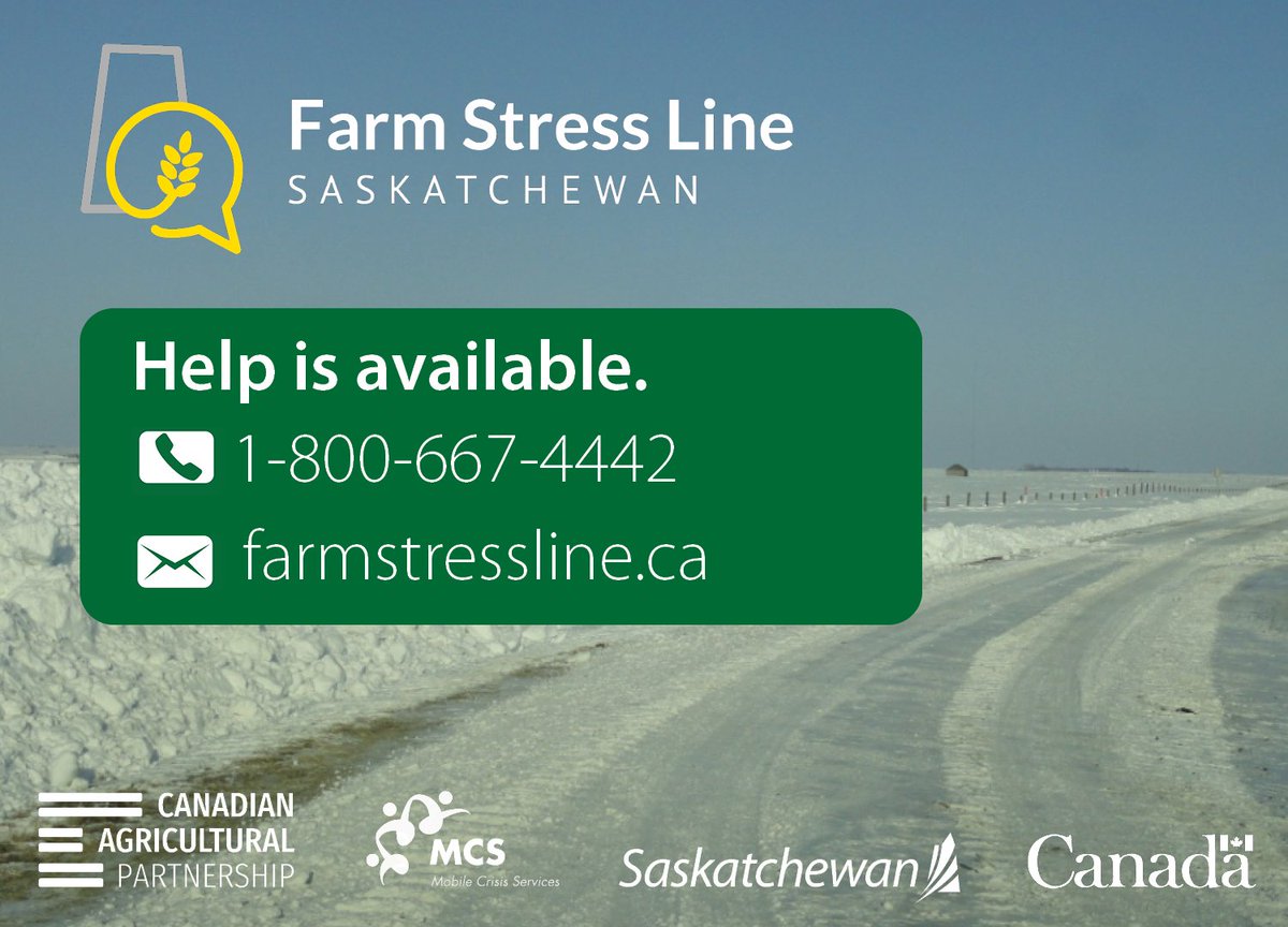 SKAgriculture's tweet photo. The Farm Stress Line is available 24/7 to help. Call 1-800-667-4442. #farmstressline https://t.co/qLXmiE0iEh https://t.co/La8yxSfJRA