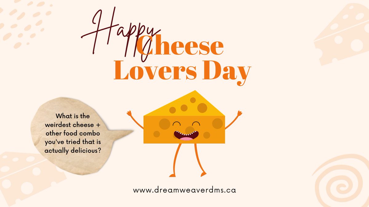 DreamweaverDMS's tweet photo. It's National Cheese Lover's Day today and we want to know what’s the weirdest cheese/other food combo that you've tried that is actually delicious? #nationalcheeseloversday #lactoseintolerant #lactosesensitive #bringonthecheese #bringonthelactaid #dreamweaver #digitalmarketing https://t.co/4tbO982DjT