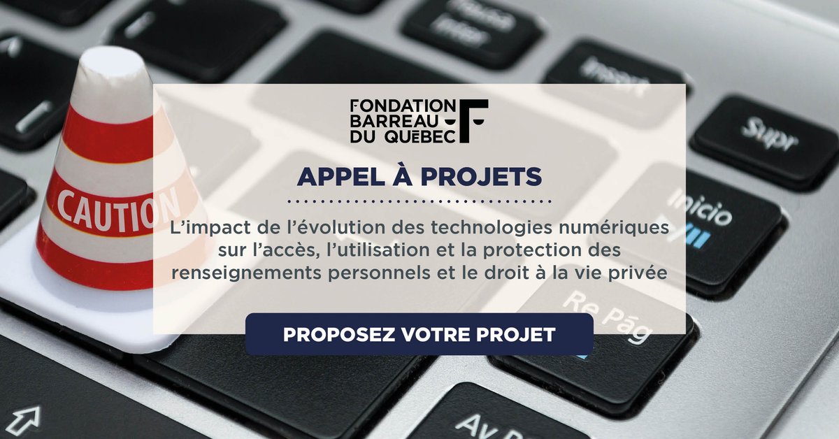 📢 APPEL À PROJETS - RAPPEL
Vous vous intéressez à l'impact des nouvelles technologies sur le droit à la vie privée et les renseignements personnels? 

💡 Déposez votre candidature avant le 31 janvier: bit.ly/3GQ3VIF