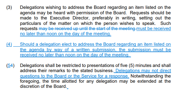 CAMSOttawa's tweet photo. The OPSB has drafted amendments to their by-law. The track changes indicate an attempt to limit/silence/suppress participation from delegates.

We're concerned by the suggestion that delegates should not be able to ask questions.

@dianedeans @rawlsonking @MeehanCarolAnne https://t.co/oMkXBkCLpw