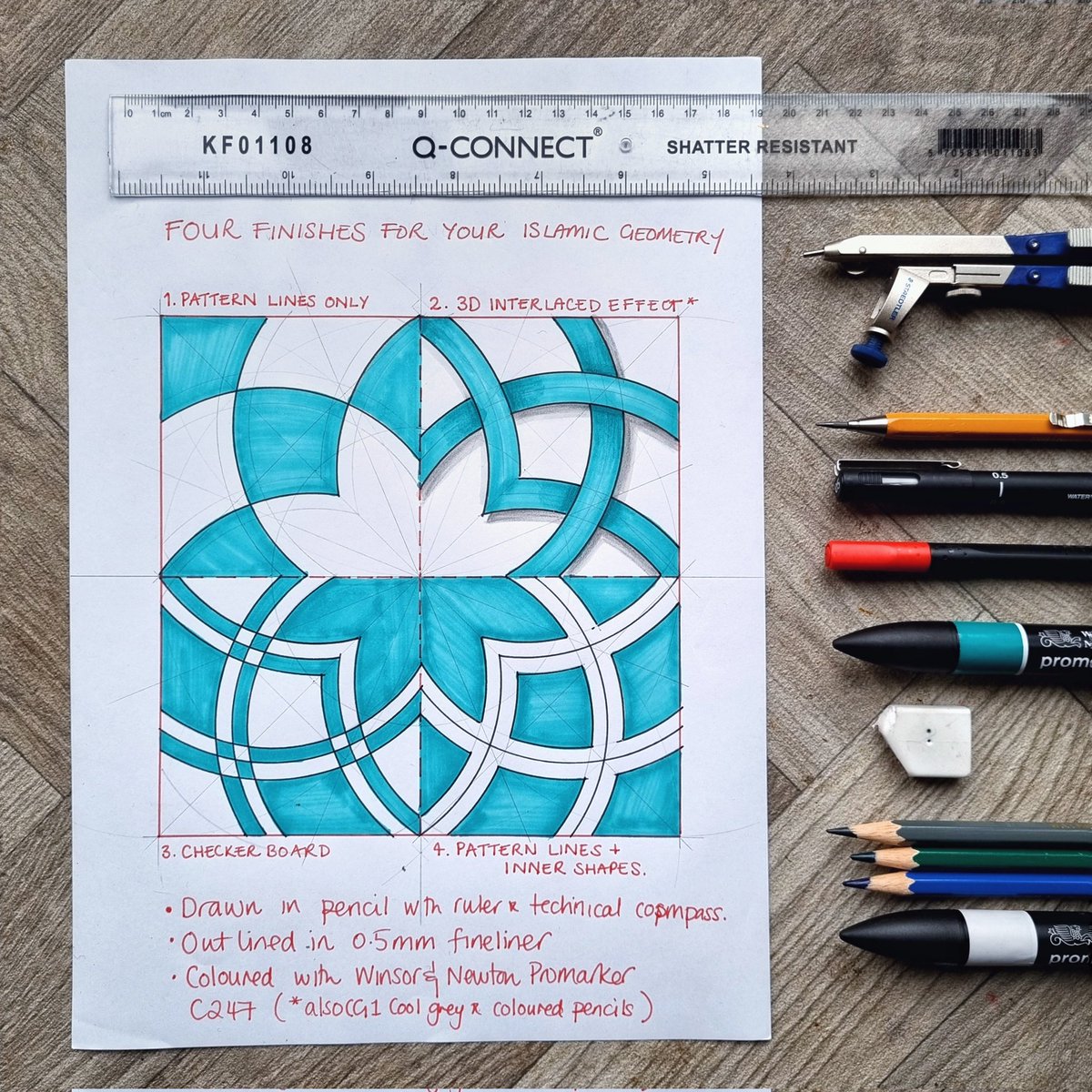 samira_mian's tweet photo. How do you elevate/finish/render your #islamicgeometricpattern?
Which do you prefer?
I used 1 colour &amp;  3 lines. 

All a bit of prep work for my #drawinggeometry sessions  @Openealing starting on Sat, 12-2pm
https://t.co/NVANDKt5Zq

#compassandruler #mtbos #mathsart #mathart https://t.co/5bmPPmltpA