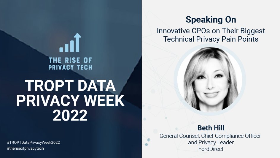 🚀 <a href="/FordDirect/">FordDirect</a>'s General Counsel, Chief Compliance Officer and Privacy Leader Beth Hill, will be speaking at the #TROPTDataPrivacyWeek2022 on January 26-27, 2022 about, "Innovative CPOs on Their Biggest Technical Privacy Pain Points."

Register 🚀
hopin.com/events/tropt-d…
