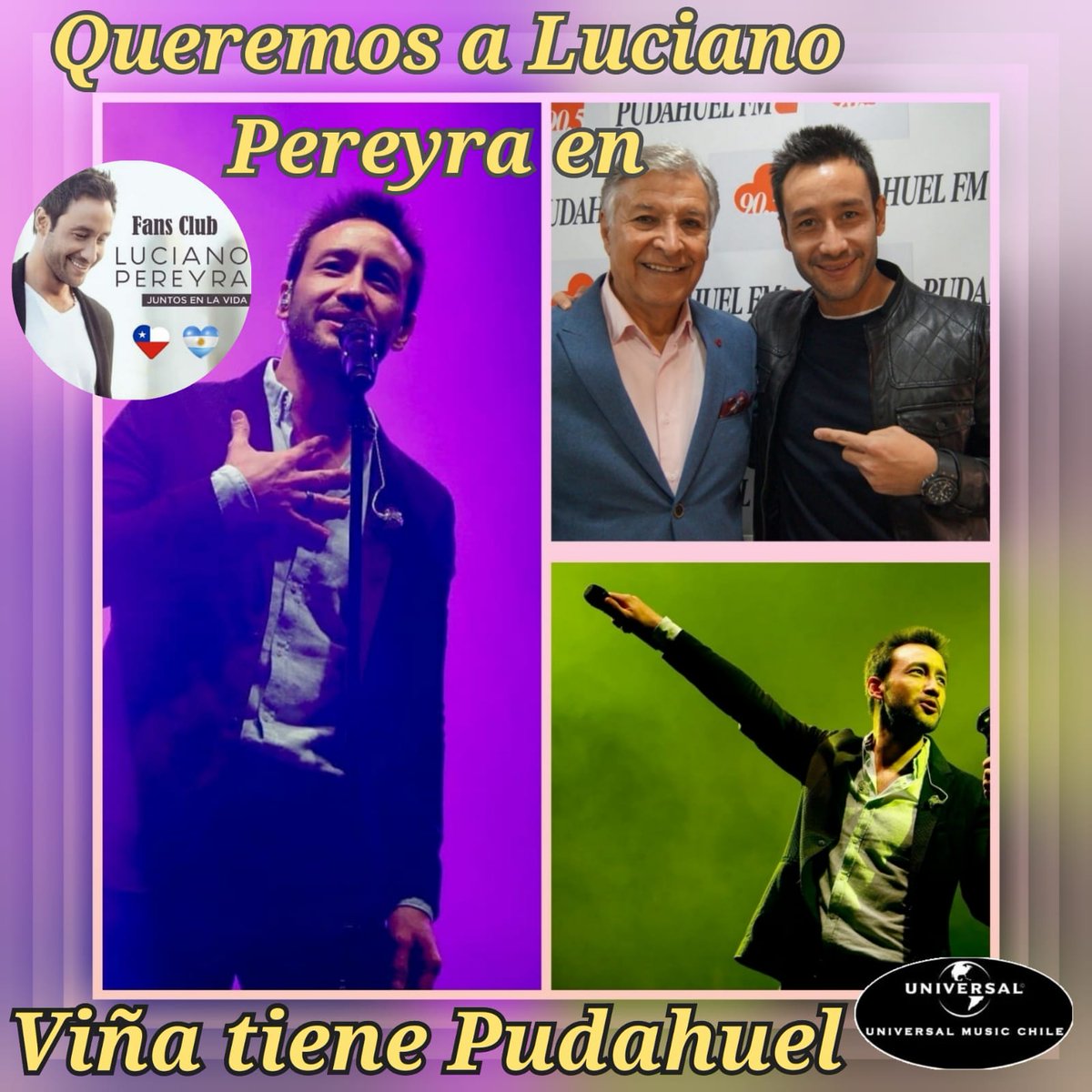 Amigos de <a href="/RadioPudahuel/">Radio Pudahuel</a> queremos ver a <a href="/LucianoPereyra/">Luciano Pereyra</a> en #ViñatienePudahuel somos <a href="/Juntosenlavida/">Fc OficialJuntos en la Vida 🇨🇱♥️ 🇦🇷</a> 🇨🇱💙🇦🇷. Siempre al pie del cañón. <a href="/UMusicChile/">Universal Music Chile</a> <a href="/LujanProd/">Luján Producciones</a>