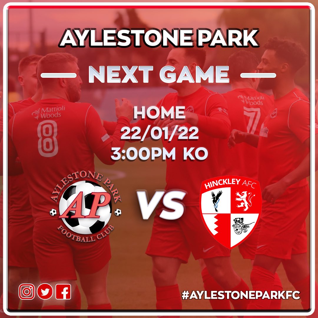 officialAPFC's tweet photo. It’s home time this weekend! And what a game it is… we welcome ⬇️
🏆 UCL League Match 
🆚 @hinckley_afc 
🗓 22 January 2022
⏰ 3:00pm KO
📍APFC LE2 6TG
🎟 £6 adults, £3 concessions
#AylestoneParkFC #upthepark 
🔴🔴🔴 https://t.co/wYNYABbNbm