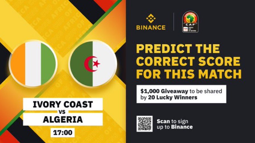 binanceafrique's tweet photo. Côte d’Ivoire 🇨🇮  vs. Algérie 🇩🇿 

Comment participer:
⭐Devinez le score final
⭐RT ce post
⭐️Donnez votre pronostique 👉🏾: https://t.co/TAHNCprDs7

 Allons-y  ⚽️⚽️⚽️ 

Cagnotte de 1000 $ à partager pour 20 gagnants!

#WhoisBinance #BinanceCAN2021 #BinanceAFCON2021 #CAN2021 https://t.co/TzstnybmOJ