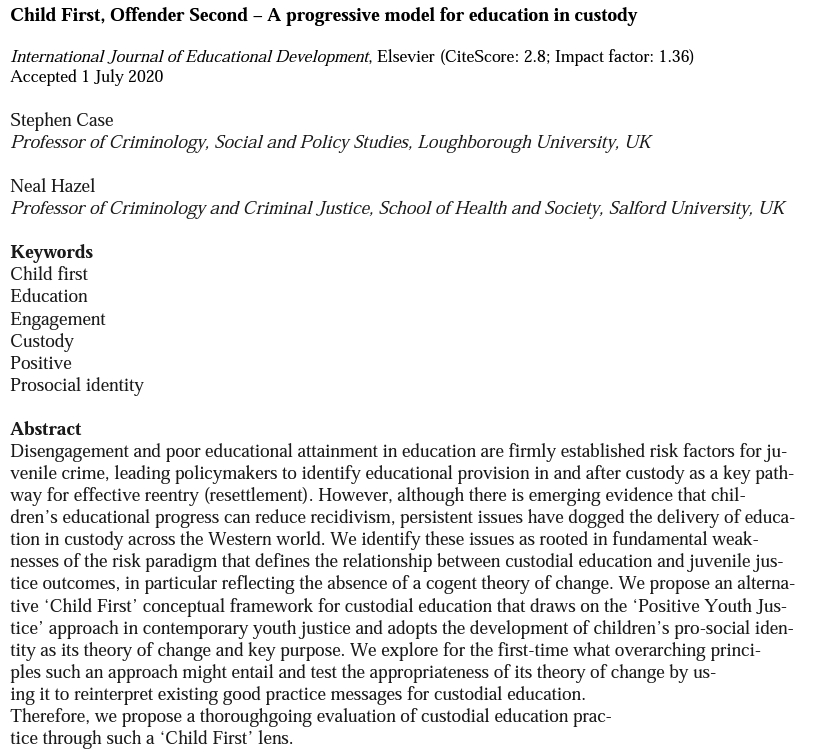 NealHazel's tweet photo. Just been informed that my recent(ish) article with @SteveCaseCrim on reform of kids' #PrisonEducation is now available for free here: https://t.co/6t0LA64nom

I'm shocked - this article demands a premium rate!

#ChildFirst #education #custody #openaccess https://t.co/1YKV7uQKW1