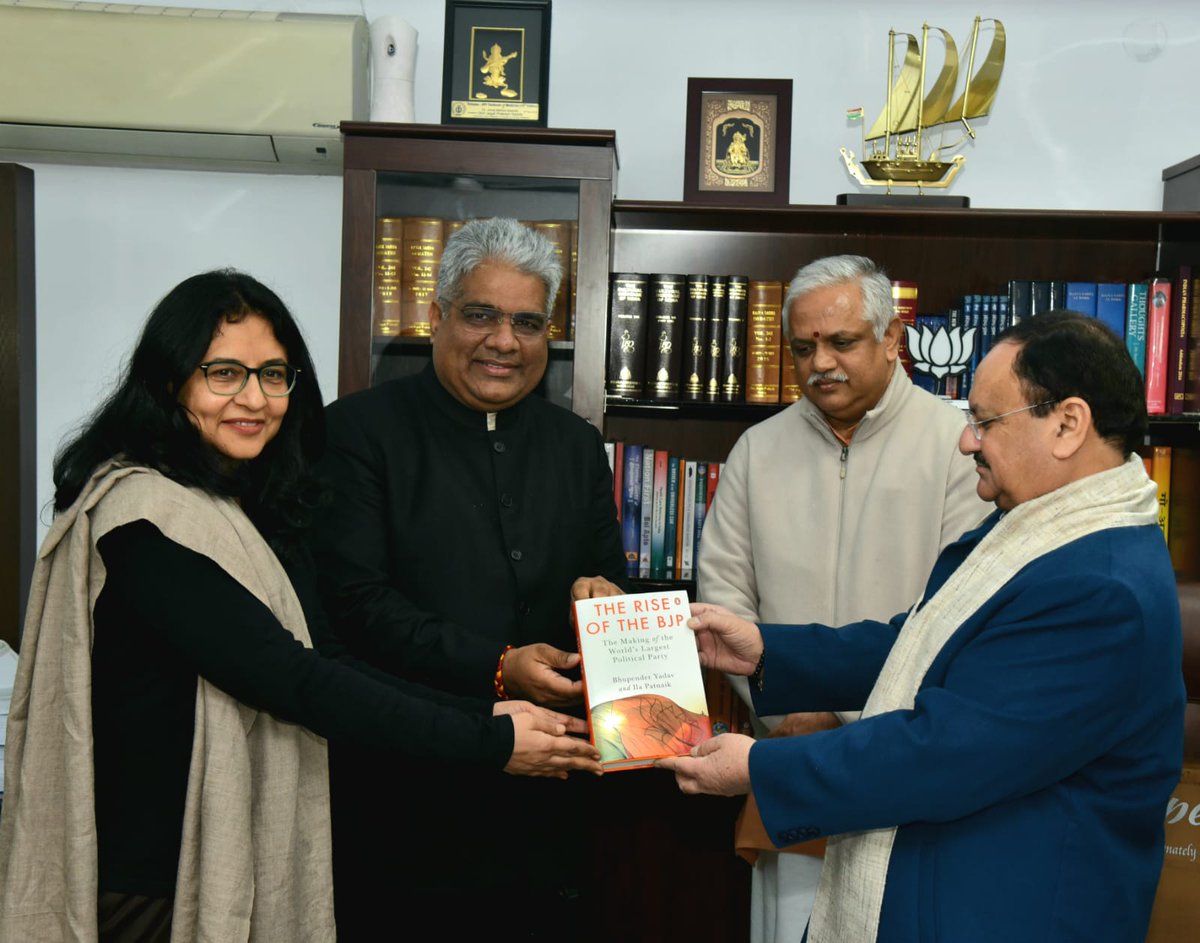 byadavbjp's tweet photo. Presented copies of 'The Rise of the BJP' to @BJP4India President Shri @JPNadda ji and National General Secretary (Org) Shri @blsanthosh ji with my co-author Smt @IlaPatnaik.

Capturing BJP’s rise in one book was a huge task. I hope both Nadda ji &amp; Santhosh ji like the book. https://t.co/1RnS6fOSmg