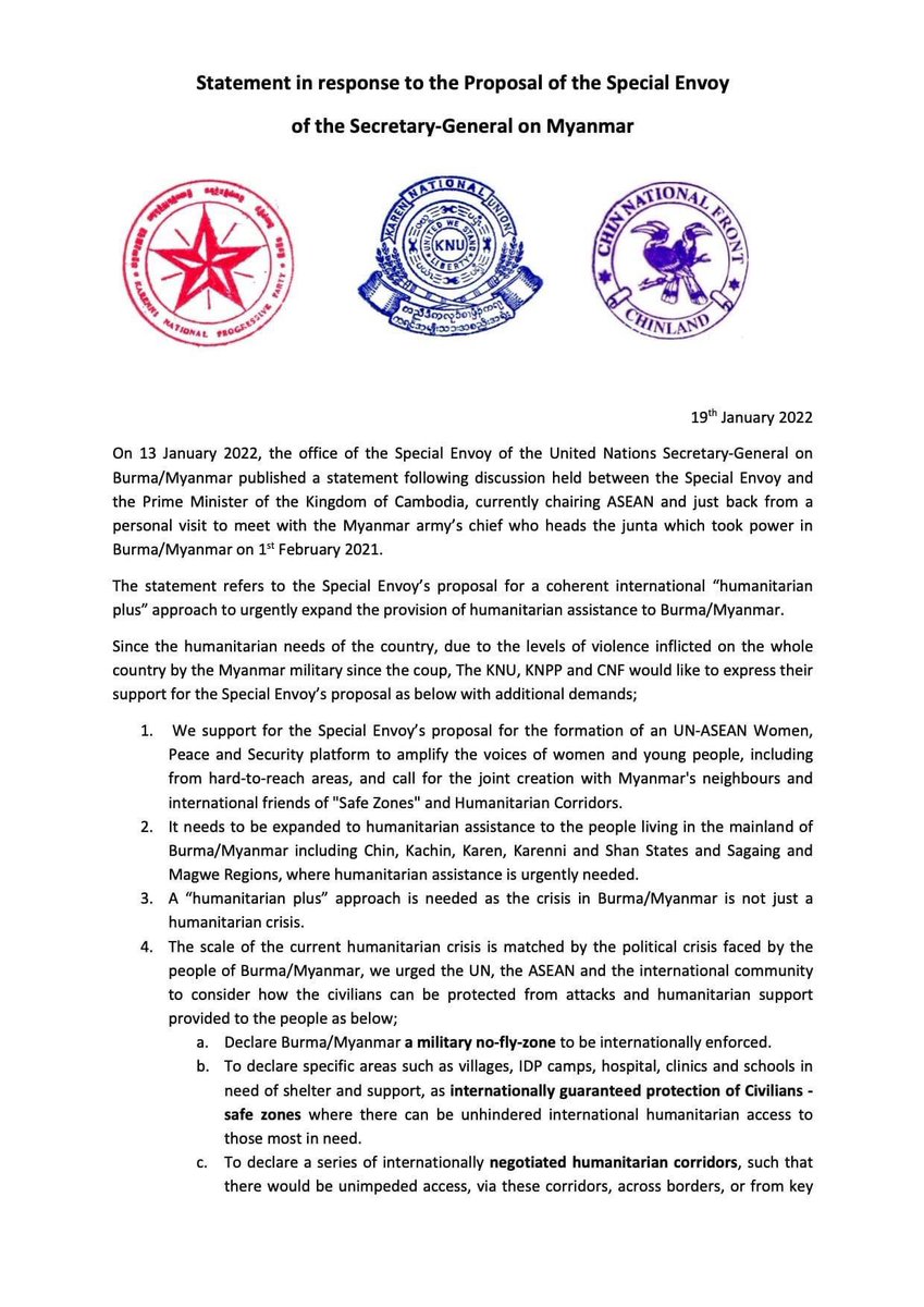 kyawhsanhlaing1's tweet photo. "Statement in response to the Proposal of the Special Envoy of the Secretary-General on Myanmar" by KNU,KNPP and CNF
#WhatsHappeninglnMyanmar https://t.co/nZBLoPiPTS