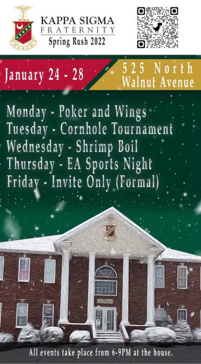 Come out to rush Jan 24th-28th! All of the events will take place from 6-9pm at the house (525 North Walnut). Link is in bio to register for rush!