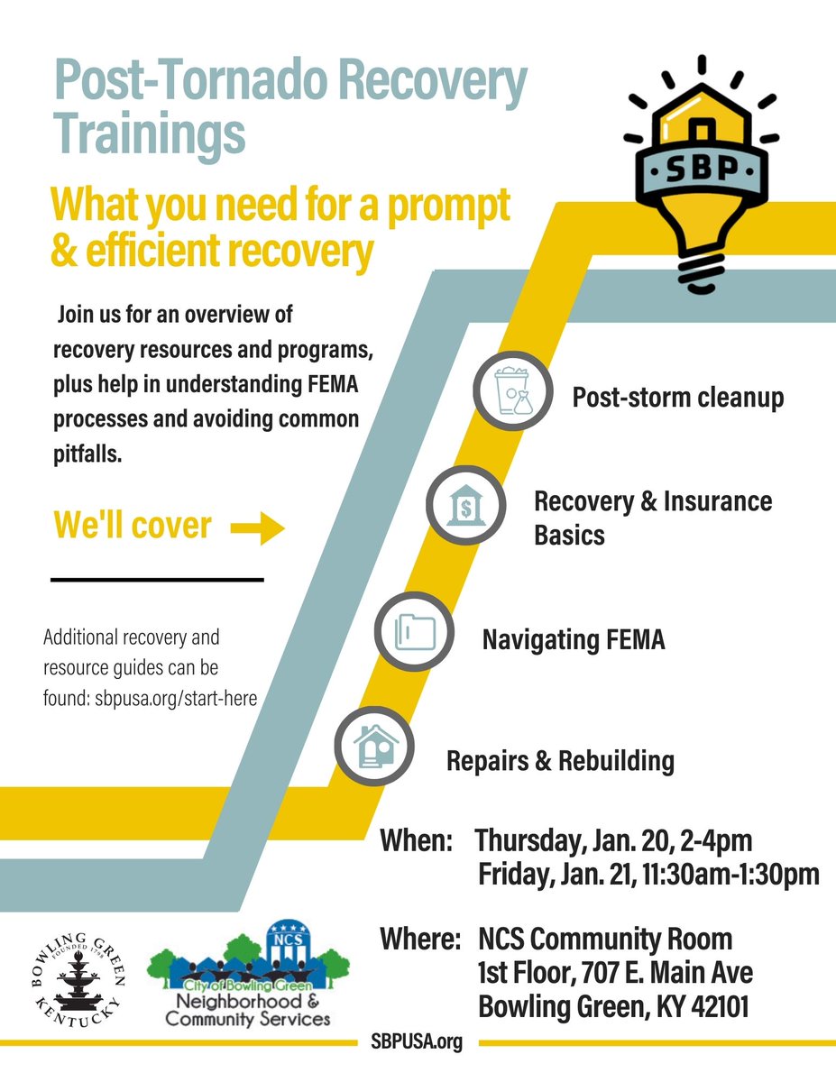 OPEN FOR BUSINESS: We are still open today & offering a free Post Tornado Recovery Training at 2pm, NCS Community Room (707 East Main Avenue) with help from SBP. A virtual link to attend either of these sessions is also available here: call.lifesizecloud.com/8481909.