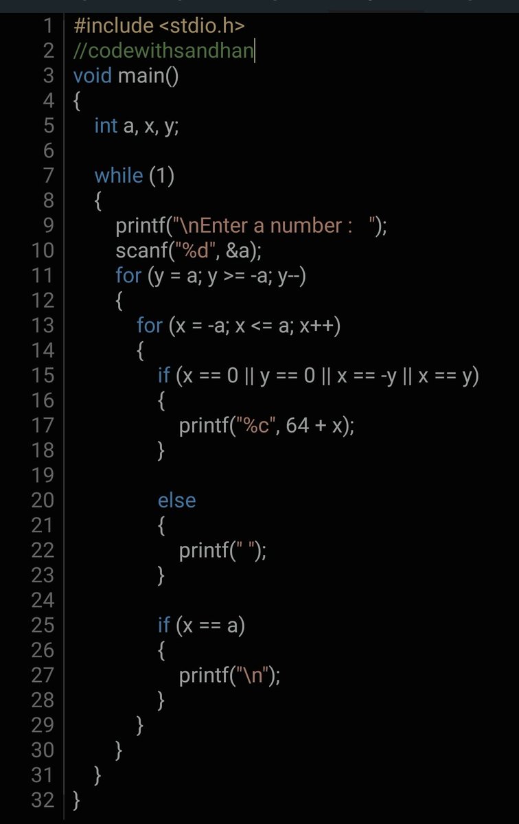codewithsandhan's tweet image. Pattern practice in #c
Try code:-
codewithsandhan.blogspot.com/2022/01/patter…