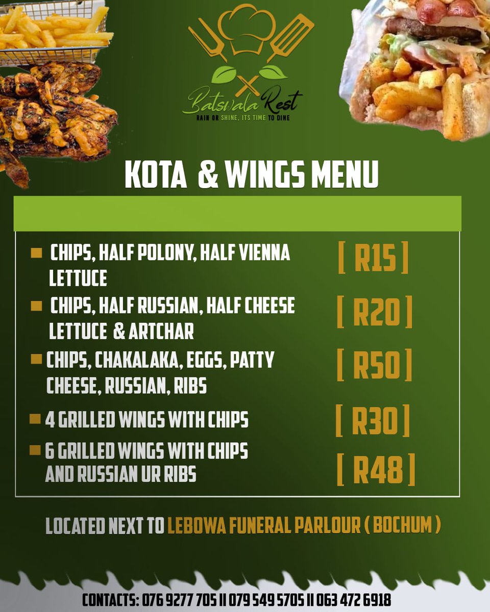 Batswala_Rest's tweet photo. Our Kota &amp; wings menu https://t.co/V5gmhgKl2e