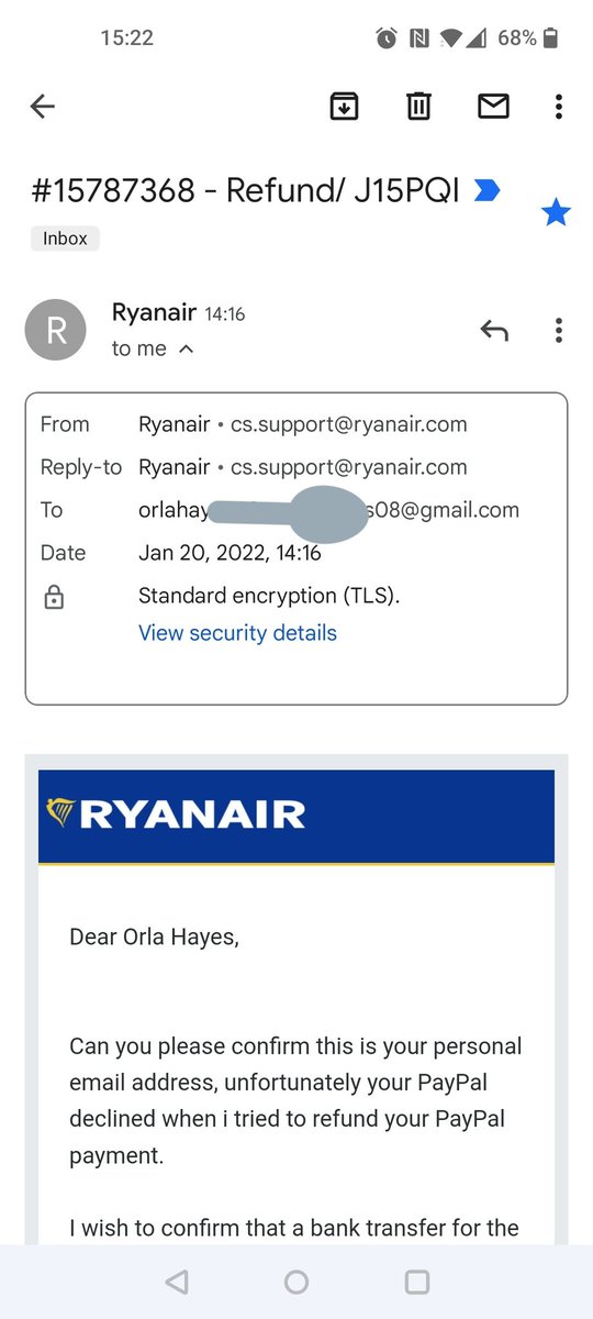 OhHeyOrla's tweet photo. Hi team @askryanair I'm just checking the authenticity of an email... It asks for my bank details as my PayPal was out of service. Is this legit? https://t.co/eAu5Px6N8h