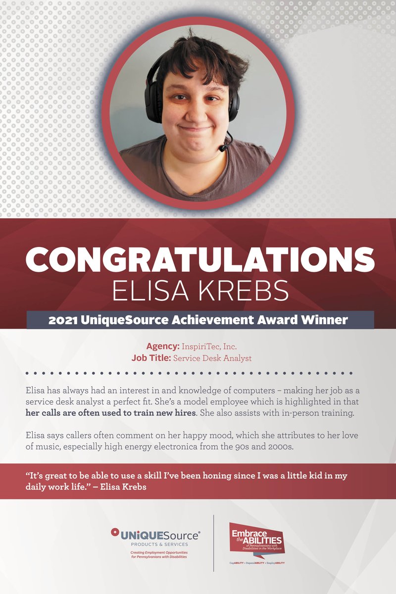 UniqueSourcePA's tweet image. Congratulations to Elisa Krebs!! Elisa is our next 2021 UniqueSource Achievement Award Winner. She is employed at InspiriTec, Inc. as a Service Desk Analyst in the Call Center.  Thank you Elisa for the work that you do!!!