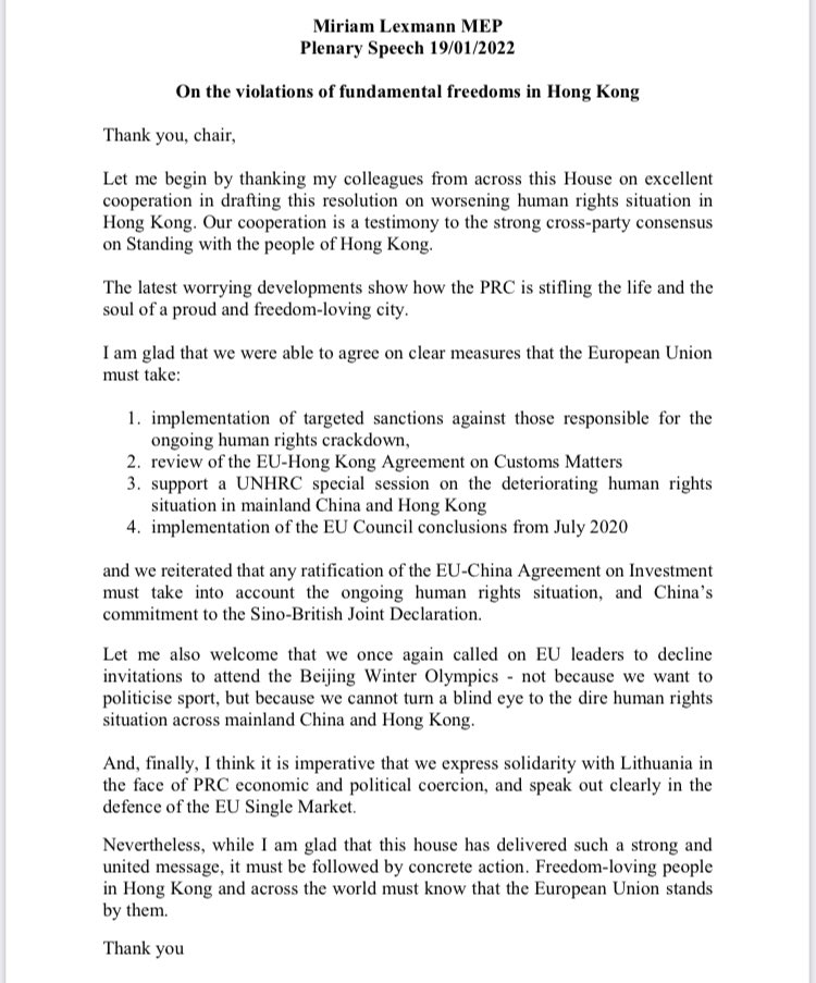 MiriamMLex's tweet photo. The @Europarl_EN once again sent a strong message in solidarity with the people of #HongKong, but it must be followed by concrete action.
I was honoured to once again lead the negotiations for the urgency resolution on behalf of the @EPPGroup. You be can read my full speech: https://t.co/X0DzxeofCG