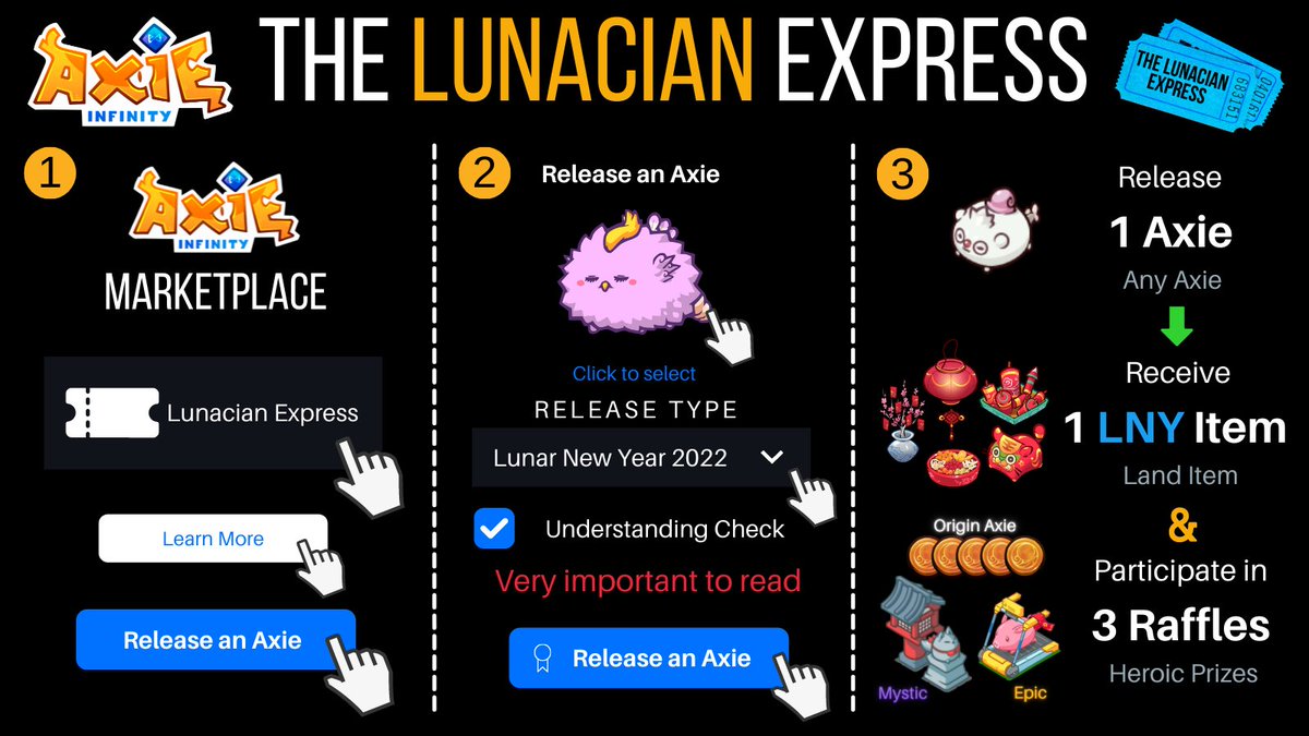 zioaxie's tweet photo. Let's take our Axies to a better place!

1. Enter to the marketplace/Lunacian Express
2. Release your Axie 😭
3. Receive 1 Land Item for each Axie ��
4. Participate in 3 raffles (Epic Rewards) 🤩

Here is the full article 👇:
https://t.co/hOvKKMPw2S

@AxieInfinity to the moon!🚀 https://t.co/KXUmJJNPHZ