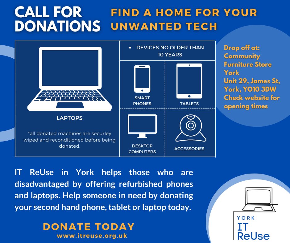 ITReUse_York's tweet photo. Did you get a new tablet, smartphone or laptop for Christmas and need to know where to get rid of the old one? 

Donate them to IT ReUse! 

If you’ve got one you need to get rid of email info@itreuse.org.uk or pop into Community Furniture Store, YO10 3DW. https://t.co/NpLQYuTueP