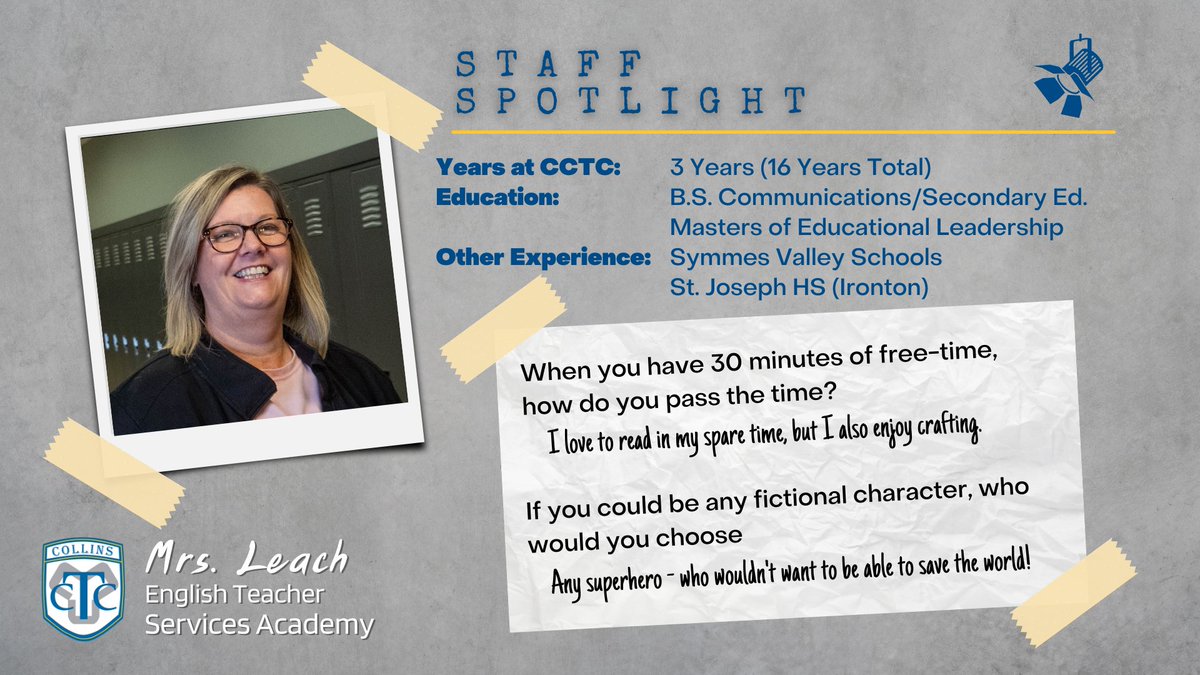 CollinsCTC's tweet photo. 🌟Staff Spotlight🌟 Mrs. Leach is the English teacher for the Services Acad. She is known for working with lab instructors to make her lessons more relevant to her students. Recently she was nominated and won the @KEE100FM TotM award. #CCTCworks #CareerTechOhio #CCTCservices https://t.co/JJJsV7aDNf