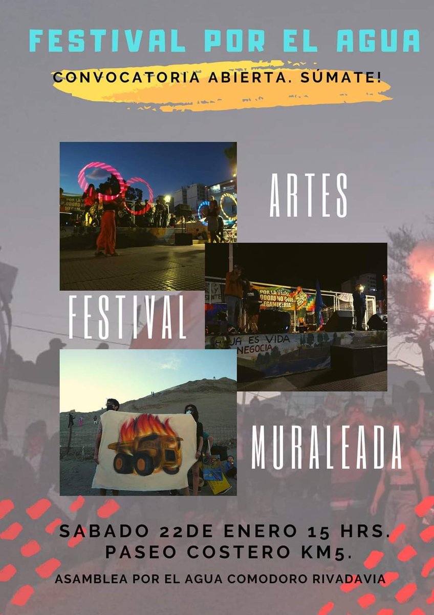 FASPCR's tweet photo. FESTIVAL POR EL AGUA
#ComodoroRivadavia

Sábado 22 de enero
Km5 

Invitan 
Fasp CR 
NO A LA MINA - Comodoro Rivadavia (Asamblea por el AGUA Comodoro)

#noalamina #noesno #atlanticazo #Chubut #Comodoro https://t.co/R2kogpIiEI