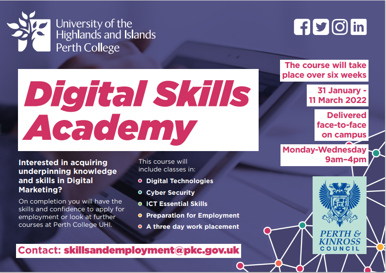 SkillsTeamPKC's tweet photo. DIGITAL SKILLS ACADEMY

We are working in collaboration with @PerthCollegeUHI to deliver a Skills Academy for those interested in acquiring knowledge and skills in Digital Marketing.

Contact us TODAY at skillsandemployment@pkc.gov.uk to register your interest😁 https://t.co/Xd5UPovyS6