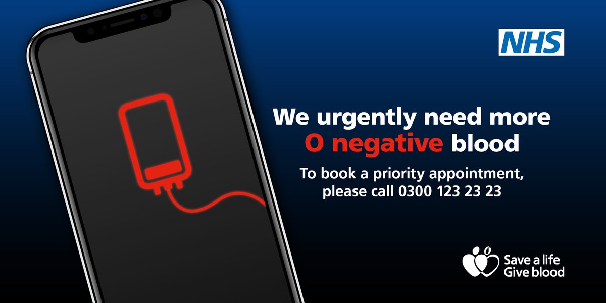 GiveBloodNHS's tweet photo. Can you help? We need more O negative donations to help us boost vital blood stocks. 

To book a priority appointment please call 0300 123 23 23.

#GiveBlood https://t.co/pnWP9Ng4hB