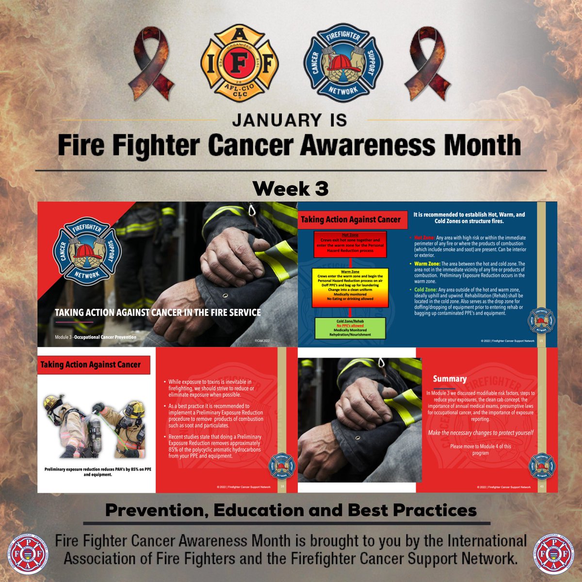 Week 3: Prevention, Education and Best Practices

Turn knowledge into action. Cancer is a big issue facing the fire service, but you can prevent or limit your exposure to carcinogens.

Visit the following page to find the information!

iaff.org/cancer-awarene…

#FFCancerMonth