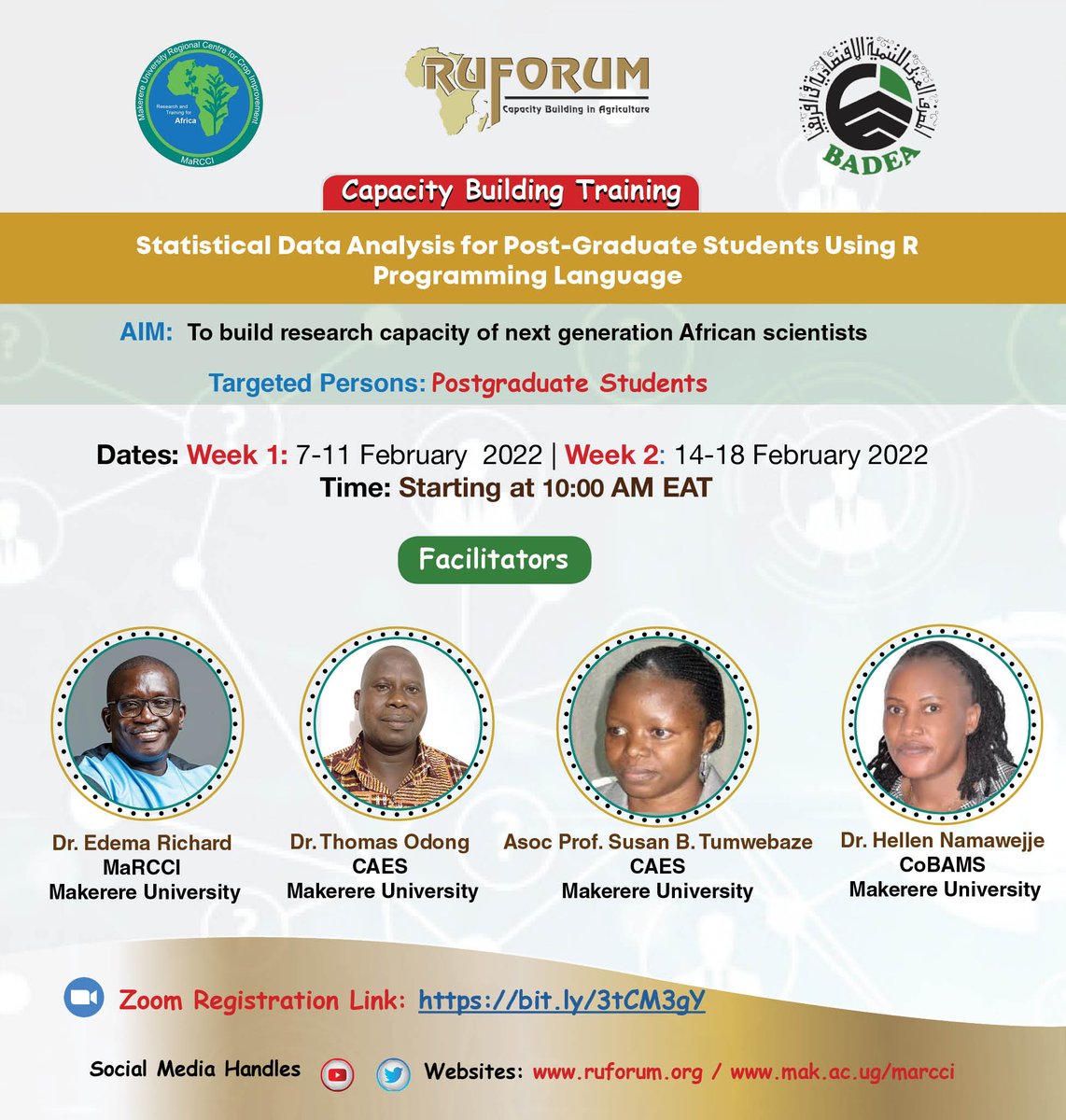 ruforumsec's tweet photo. Training Invitation!
@ruforumsec invites you to a Capacity Building Training on Statistical Data Analysis for Post-Graduate Students Using R Programming Language.
Date: Week 1: 7-11 Feb 2022 | Week 2: 14-18 Feb 2022
Time: 10:00 AM EAT
Registration Link: https://t.co/8VtUzRgSkx https://t.co/wSwEetkxpi