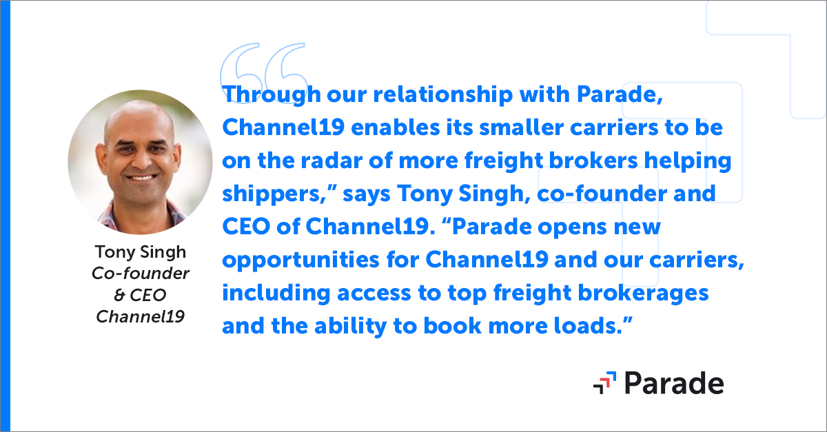 paradeai's tweet image. Tony Singh, co-founder and CEO of Channel19 shared his thoughts on Parade and Channel19 alliance and the benefits that brokers and 3PLs can derive from this integration.

#Parade #ParadeAI #distribution #cuttingedgetechnology #supplychainsolutions #logisticsindustry