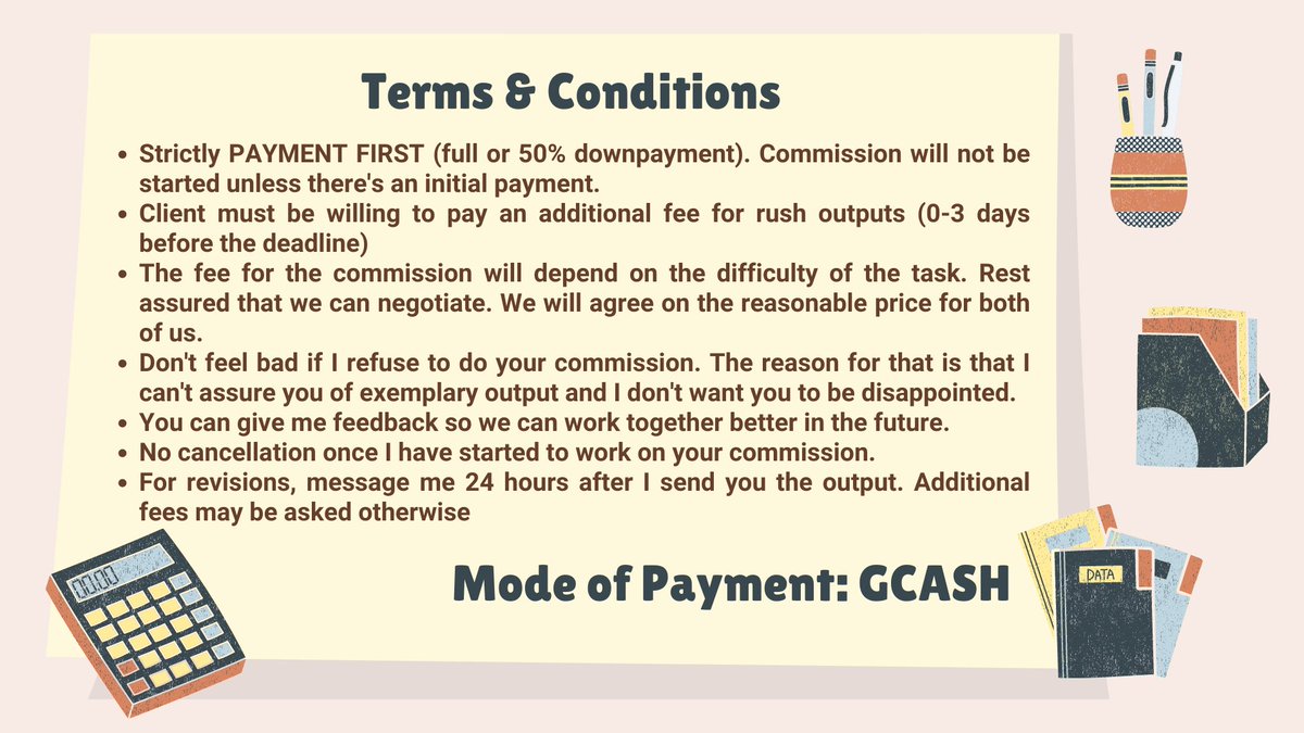 Hi everyone! I am Ava :)

I am welcoming commissions now. Enjoy high-quality outputs at affordable prices with my services. You can browse through the images below to know more about this comms account. 

I hope to work with y'all soon. Just send a DM and I'll be at your service.