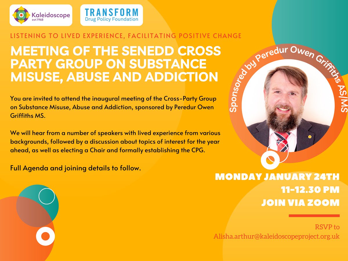 Kaleidoscope68's tweet photo. The inaugural meeting of the CPG on Substance Misuse, Abuse and Addiction, sponsored by @PeredurPlaidAS, will take place Monday 24 January

We have received an unprecedented level of interest, with more than 7⃣0⃣ attendees now confirmed.

Full agenda &amp; joining details to follow📨 https://t.co/nSIAWgjZ03