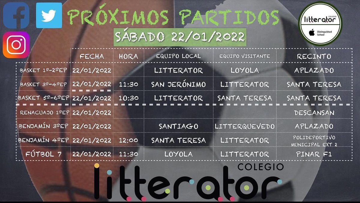 ⚽️“AGENDA DEPORTIVA “🏀
En nuestro tablero deportivo podéis consultar los partidos de nuestros equipos en el próximo fin de semana.

Suerte  campeones 🍀 !!!

#colegiolitterator 
#agendadeportiva