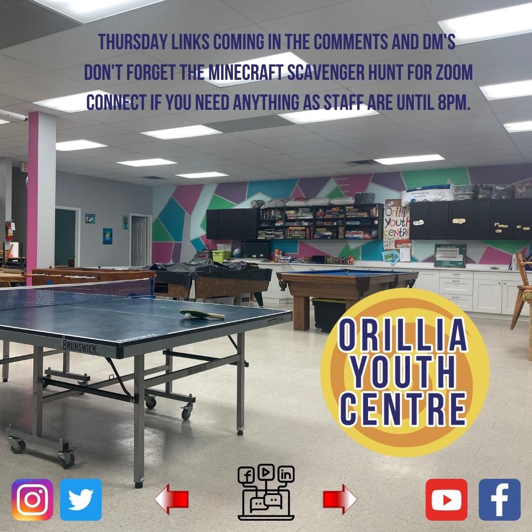 OrilliaYC's tweet photo. Lot's going on today. Staff are onsite all day to support youth as well as offer virtual connections. Don't forget your Minecraft Scavenger Hunt for the chat!
#orillia #youth #orilliayouthcentre #thursday #goingvirtual #youthsupport #minecraft #zoom #letschat #connect #joinus https://t.co/9D5DtDO7wq