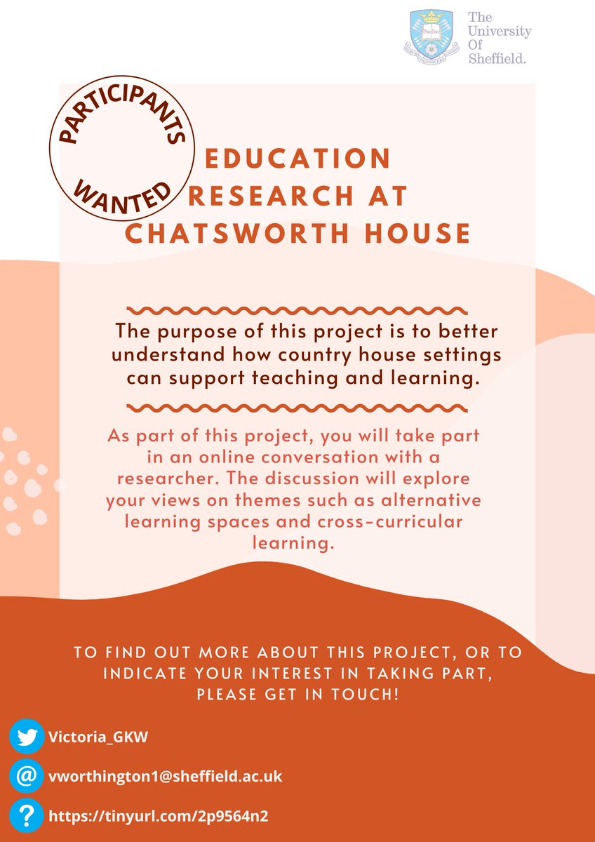 Victoria Worthington (@victoria_gkw) on Twitter photo Are you teaching in Derbyshire or South Yorkshire? Interested in all things cross-curricular?
I'd love to talk with you as part of my PhD research with <a href="/chatsworthhouse/">Chatsworth</a>! Please get in touch or find more info here: tinyurl.com/2p9564n2
#edchat #teaching #edutwitter #learning Are you teaching in Derbyshire or South Yorkshire? Interested in all things cross-curricular?
I'd love to talk with you as part of my PhD research with <a href="/chatsworthhouse/">Chatsworth</a>! Please get in touch or find more info here: tinyurl.com/2p9564n2
#edchat #teaching #edutwitter #learning